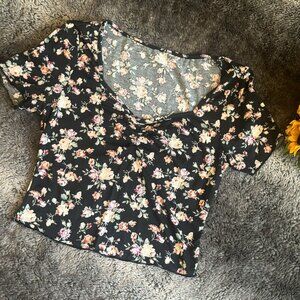 Floral Print Knot Sweetheart Neck Tee Top Small